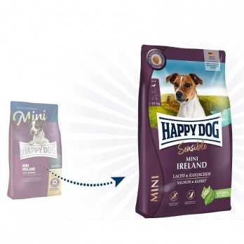 Happy Dog Mini Ireland visavertis pašaras mažų veislių suaugusiems šunims su triušiena ir lašiša, 800 g