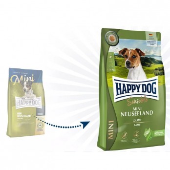 Happy Dog Mini Neuseeland visavertis pašaras mažų veislių suaugusiems šunims su ėriena ir ryžiais, 2x4 kg