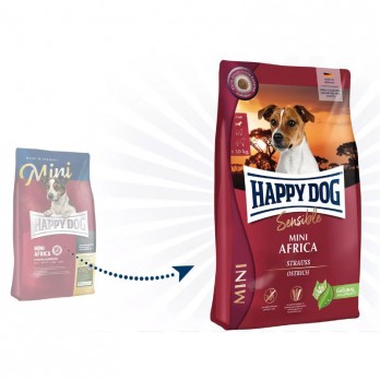 Happy Dog Mini Africa visavertis pašaras mažų veislių suaugusiems šunims su strutiena, 4 kg