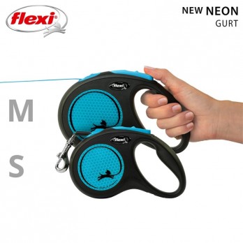 Flexi New Neon S automatinis pavadys, 5 m, juostelė, mėlynas