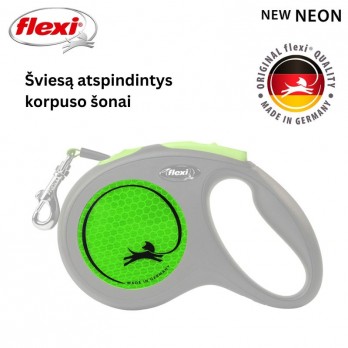 Flexi New Neon S automatinis pavadys, 5 m, juostelė, žalias