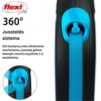 Flexi New Neon M automatinis pavadys, 5 m, juostelė, mėlynas