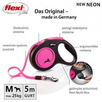 Flexi New Neon M automatinis pavadys, 5 m, juostelė, rožinis