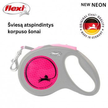 Flexi New Neon M automatinis pavadys, 5 m, juostelė, rožinis