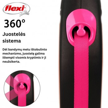 Flexi New Neon M automatinis pavadys, 5 m, juostelė, rožinis