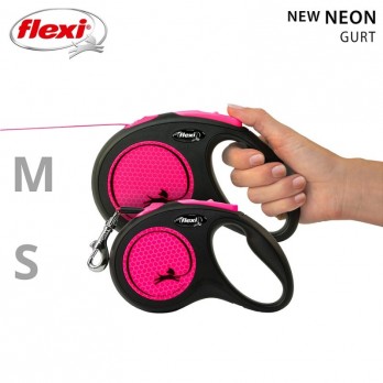 Flexi New Neon M automatinis pavadys, 5 m, juostelė, rožinis