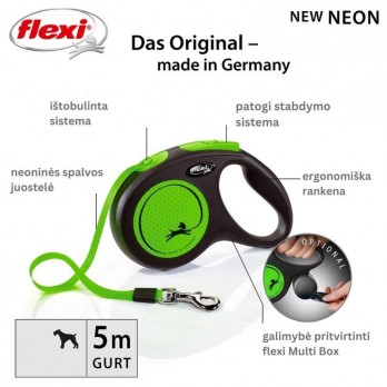 Flexi New Neon S automatinis pavadys, 5 m, juostelė, žalias