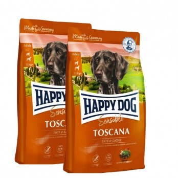 Happy Dog Toscana visavertis pašaras suaugusiems mažo fizinio aktyvumo šunims su antiena ir lašiša, 2x4 kg