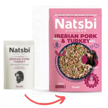 Natsbi Steamed Iberian Pork Turkey visavertis pašaras šunims su Iberijos kiauliena ir kalakutiena 200 g